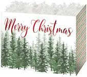 Festive Christmas card with pine trees and elegant red text.