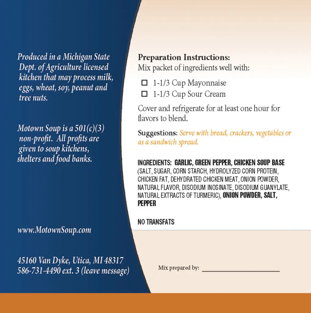Soup mix packet label with preparation instructions