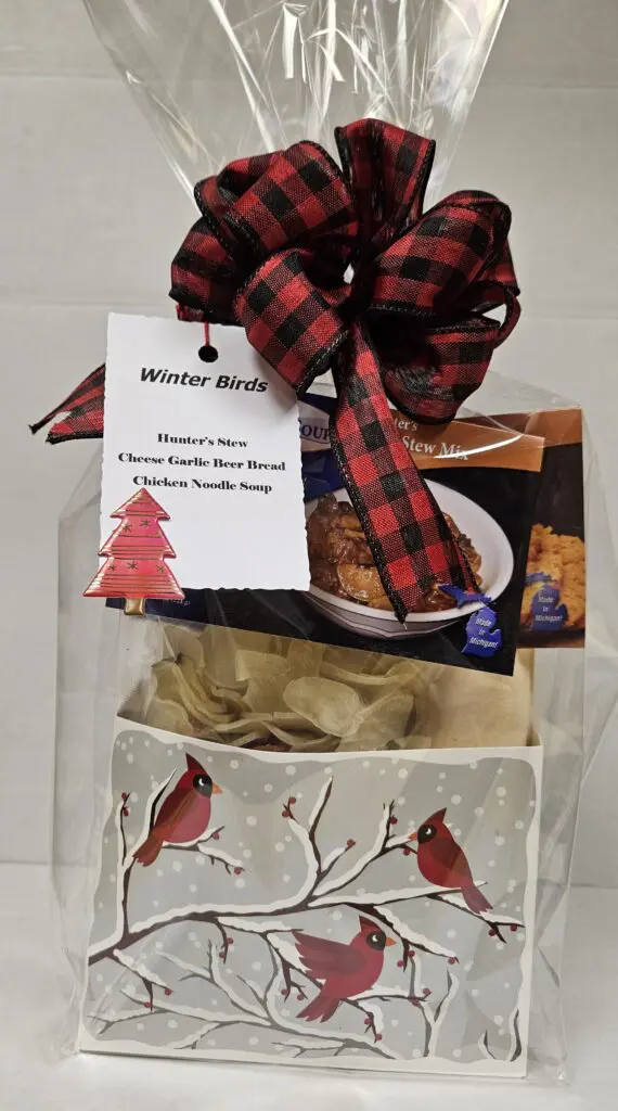 Winter Birds gift bag with red plaid bow