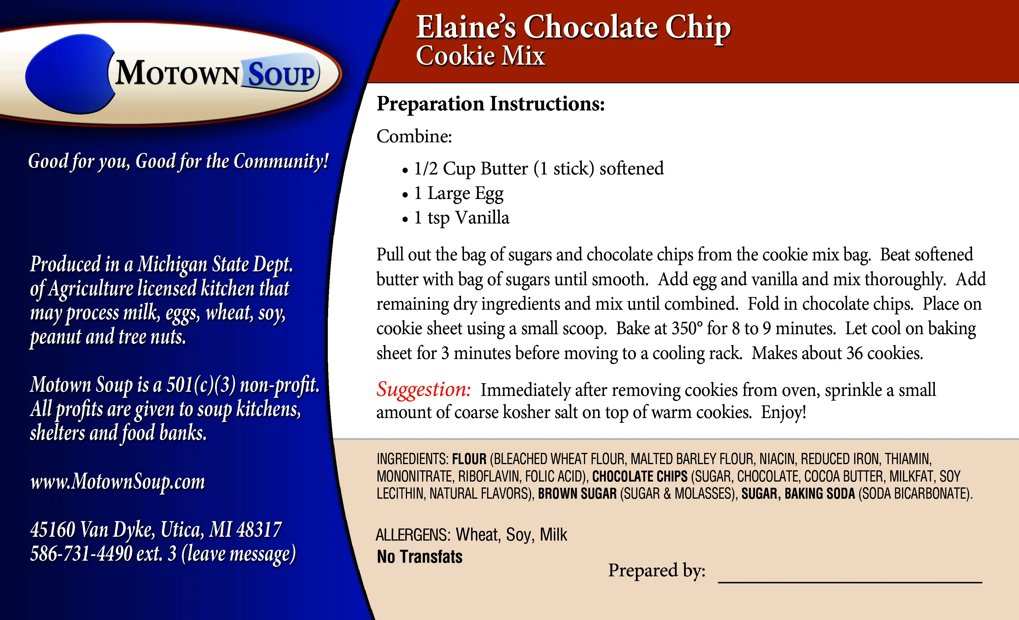 Chocolate chip cookie mix label with instructions